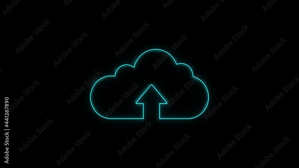 Poster glowing neon line cloud upload line icon on black background. 4k