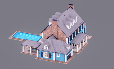 3d rendering of modern cozy classic house in colonial style with garage and pool for sale or rent in evening. Isolated on gray.