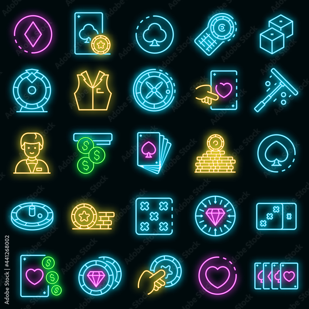 Poster croupier icons set. outline set of croupier vector icons neon color on black