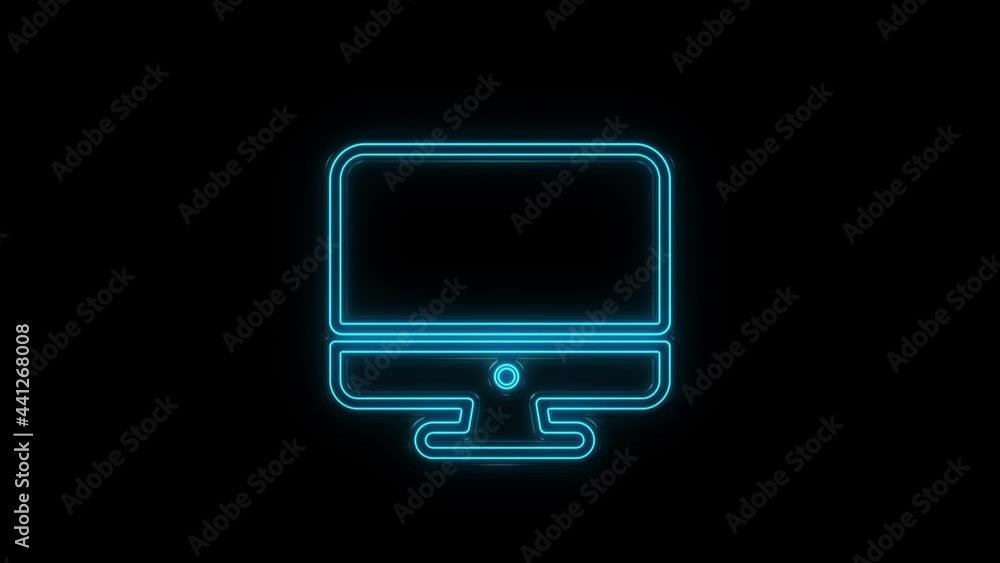 Poster glowing neon line computer monitor screen icon isolated on black background. electronic device. fron