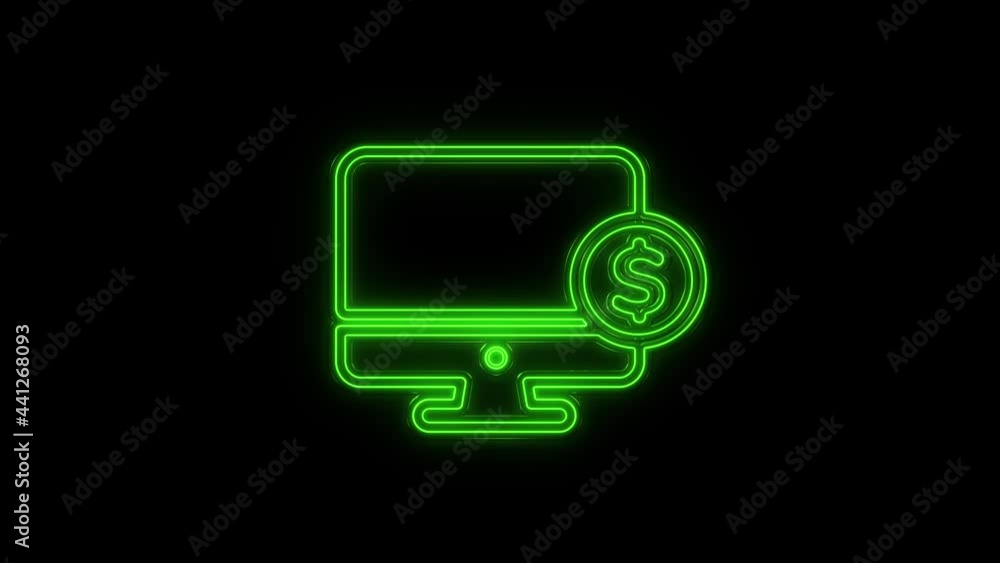 Poster glowing neon line computer monitor with dollar icon isolated on black background. internet financial