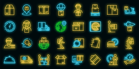 Courier icons set. Outline set of courier vector icons neon color on black