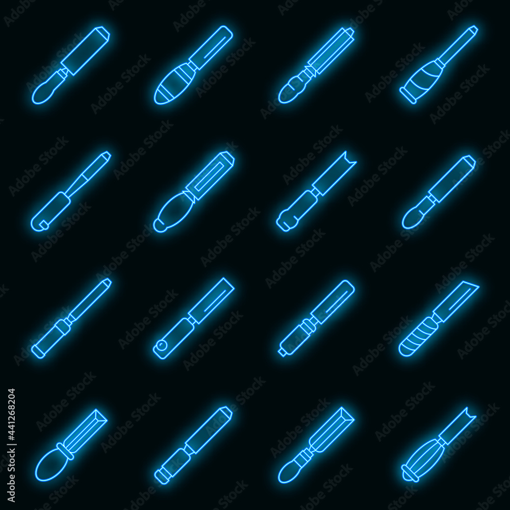 Poster chisel icons set. outline set of chisel vector icons neon color on black