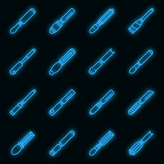 Chisel icons set. Outline set of chisel vector icons neon color on black