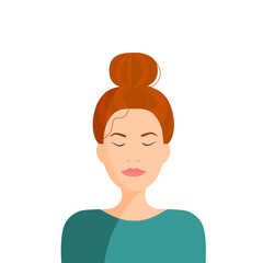 Young woman with red hair bun in green top. Colorful flat stock vector illustration.
