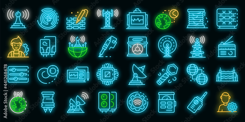 Aufkleber radio engineer icons set. outline set of radio engineer vector icons neon color on black