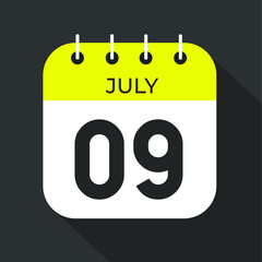 July day 9. Number nine on a white paper with yellow color border on a black background vector.