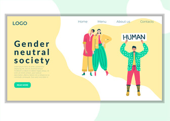 Group of three young happy gender neutral people. Androgynus teenagers, transgender, genderqueer. Banner with word Human. Landing page template. hand drawn illustrationration