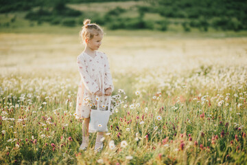 Fototapeta na wymiar Litlle happy girl in a white dress with a linen bag full of chamomile flowers walking in a field.