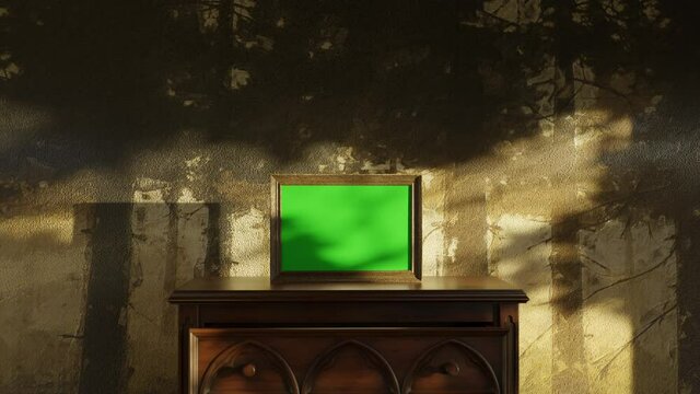old picture frame with green screen covered from the shadows of a tree