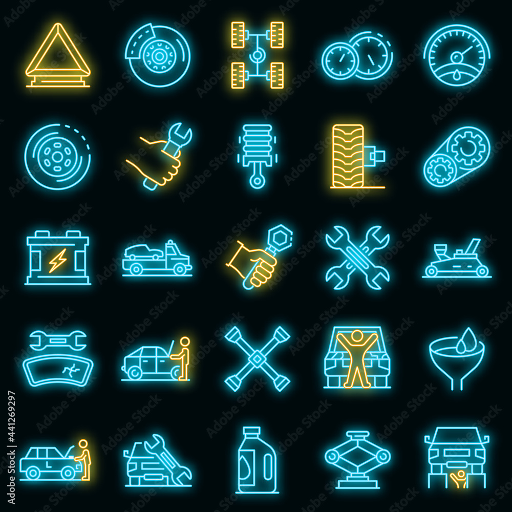 Aufkleber auto mechanic icons set. outline set of auto mechanic vector icons neon color on black