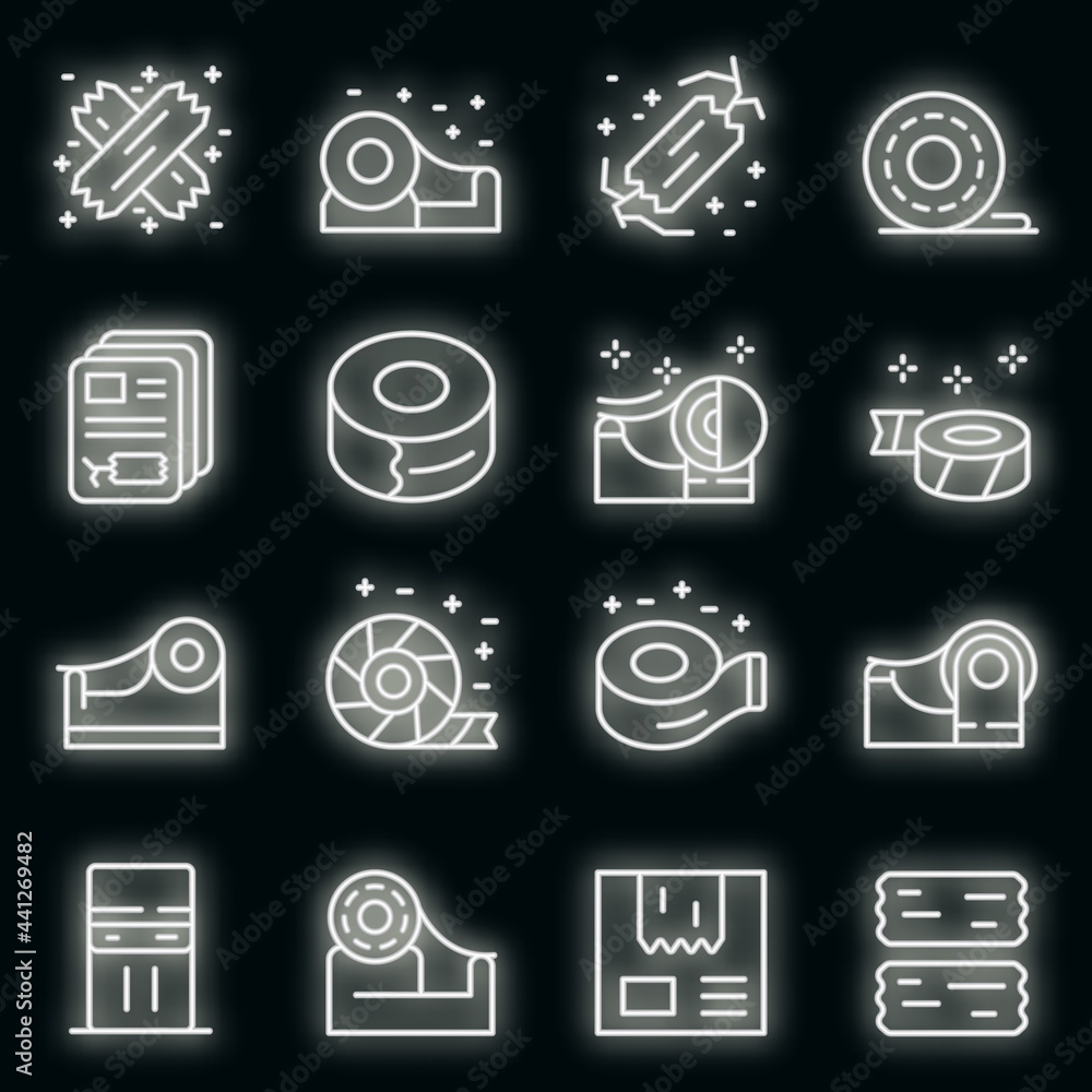 Poster scotch tape icons set. outline set of scotch tape vector icons neon color on black