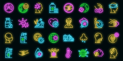 Coronavirus icons set. Outline set of coronavirus vector icons neon color on black