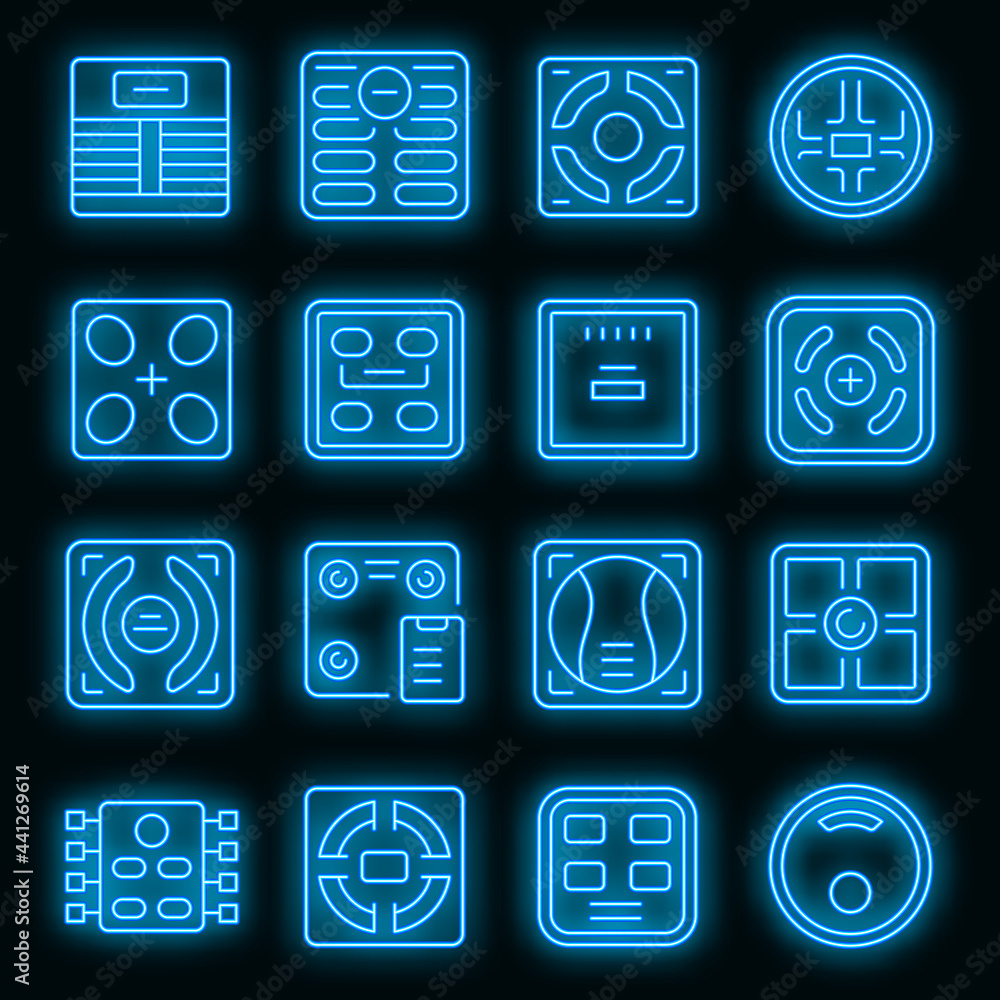 Poster smart scales icons set. outline set of smart scales vector icons neon color on black