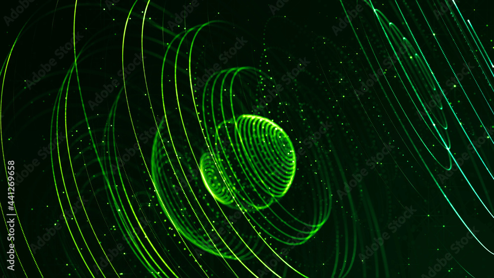 Poster abstract sci-fi background with glow particles form curved lines, surfaces, hologram structures or v