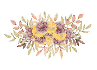 Watercolor fall bouquet isolated on white. Hand drawn autumn arrangement of flowers in warm color. Perfect for wedding invitations, greeting cards, postcards and other.