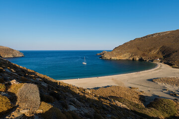 The bay of Achla along the north coast of the Greek island of Andros in the Cyclades archipelago