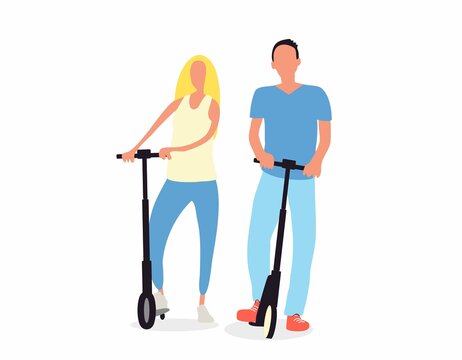 Husband and wife ride an electric scooter according to their lifestyle. Pleasure of living on street. Happy characters. Color illustration. Man and woman together. Calm family picture happiness.