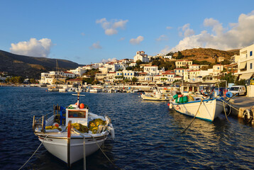 Fototapeta na wymiar View of the marina of Batsi on the southern coast of the Greek island of Andros