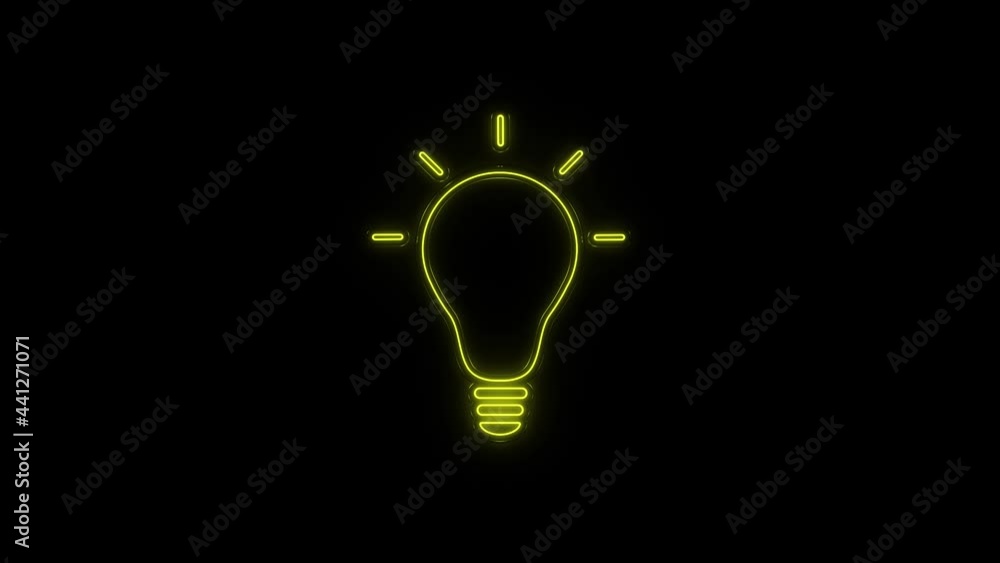 Poster Glowing neon line Light bulb with rays. Rays shine appear and disappear after some time. Animated yellow neon symbol on black background. Energy and idea symbol. 4K