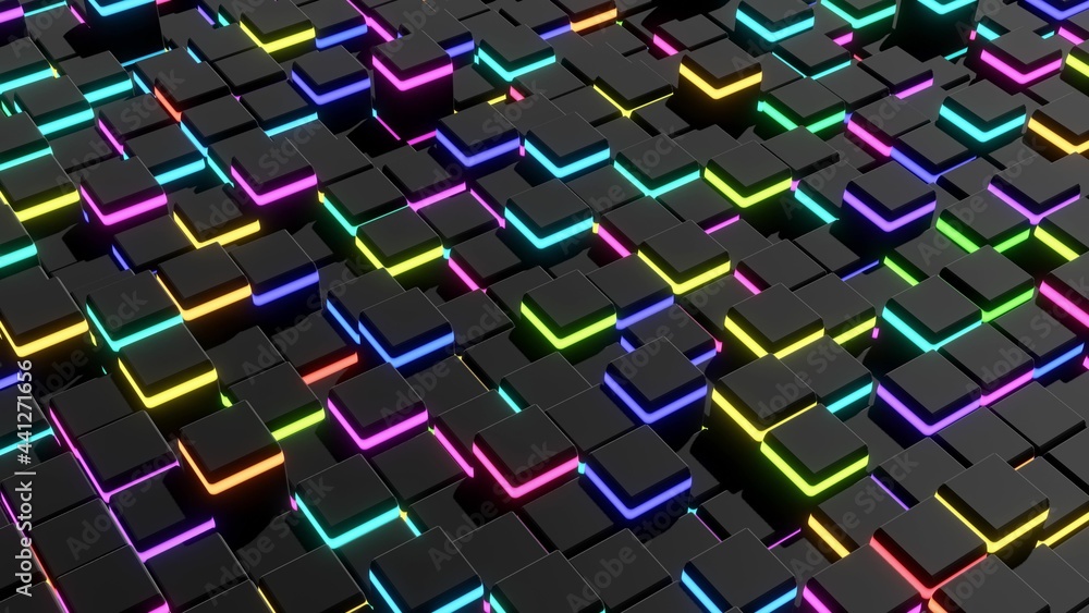 Poster 3d render. abstract dark background of cubes on plane and neon lights. grid of cubes like neon bulbs
