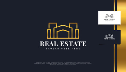 Luxury Gold Real Estate Logo Design with Line Style in Minimalist Concept. Construction, Architecture or Building Logo Design Template