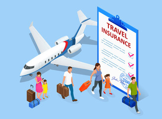 Insurance policy, booking travel insurance. Isometric travel agent ticket safe plan trip holiday model insurance money concept Protection from danger, providing security. Travel Aviation Insurance