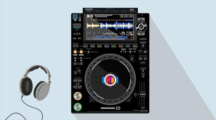 Musical DJ CD-player. Background for DJ posters. Icon for online store. DJ- image for printing on a t-shirt. Vector detail CDJ-3000. Image for application on a smartphone case. Nightlife theme. 