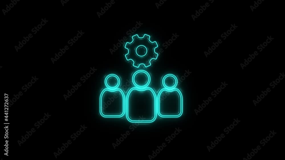 Poster Glowing neon line outsourcing concept icon isolated on black background. Cooperation sign. Idea of teamwork and investment. 4K