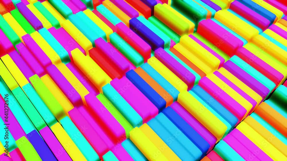 Poster 3d abstract creative festive background with looping flowing animation, multicolored columns rise an