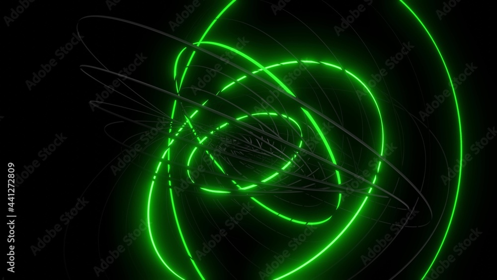 Poster 3d render. abstract geometric bg with rings form complex twisted spiral and light effects. rings fla