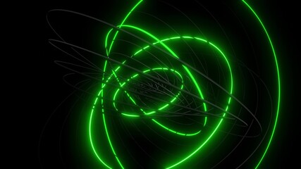 3d render. Abstract geometric bg with rings form complex twisted spiral and light effects. Rings flash neon green lights. Neon ring bulbs for show or events, festivals or concerts