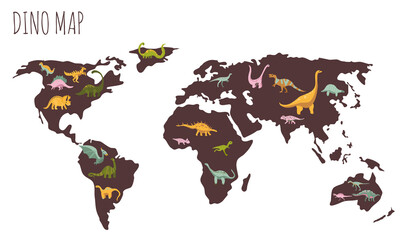 World map of dinosaurs. Habitat of prehistoric reptiles.Dino card.Hand drawn cute animals.Childish paleontology.Sketch Jurassic lizard girls.Educational illustration. 
