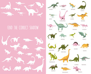 Paleontology for kids.Hand drawn cute dinosaurs.Find the correct shadow. Educational matching game.Childish mini board game for development.Entertainment play.Jurassic reptiles vocabulary.Vector © Dari_DesignPie