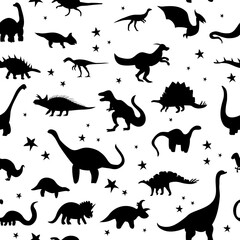 Seamless pattern with cute silhouette dinosaurs.Jurassic,mesozoic reptiles,footprint.Various dino characters.Prehistoric illustration with animals and stars.Childish monochrome print,wrapping paper