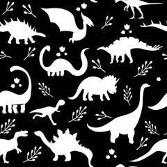 Seamless pattern with cute silhouette dinosaurs.Jurassic,mesozoic reptiles,footprint.Various dino characters.Prehistoric illustration with animals and leaves.Childish monochrome print,wrapping paper