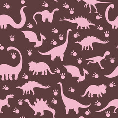 Seamless pattern with cute silhouette dinosaurs.Jurassic,mesozoic reptiles,footprint.Various dino characters.Prehistoric illustration with herbivores and predator animals.Childish print,wrapping paper