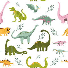 Seamless pattern with cute hand drawn dinosaurs.Sketch Jurassic,mesozoic reptiles.Various dino characters.Prehistoric illustration with herbivores and predator animals.Childish print,wrapping paper