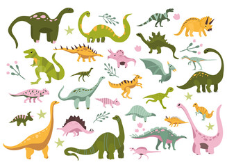 Obraz premium Various dino characters set.Cute hand drawn dinosaurs.Sketch Jurassic,Mesozoic reptiles.Prehistoric illustration with herbivores and predator animals.Childish print,baby shower illustration.Collection
