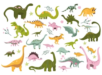 Muurstickers Dinosaurussen Verschillende dino tekens set. Schattig hand getrokken dinosaurussen. Schets Jurassic, Mesozoïcum reptielen. Prehistorische illustratie met herbivoren en roofdier dieren. Kinderachtige print, baby shower illustratie. Collectie