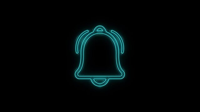Glowing neon line Ringing bell icon isolated on black background. Alarm symbol, service bell, handbell sign, notification symbol. 4K
