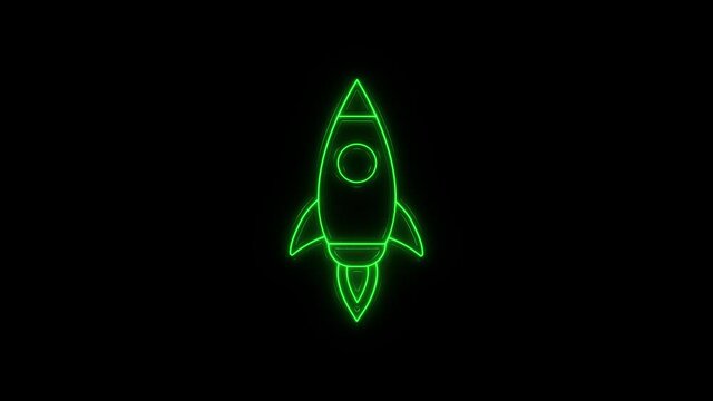Glowing neon line Rocket ship icon isolated on black background. Space travel. 4K