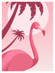 Tropical illustration with pink flamingo bird and summer background. Vector illustration.