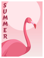 Tropical illustration with pink flamingo bird and summer background. Vector illustration.