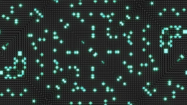 Looped abstract symmetrical background, 3d elements light up like bulbs with multicolor neon light. Bg for show or events, exhibitions, festivals or concerts, music videos, VJ loop for night clubs.