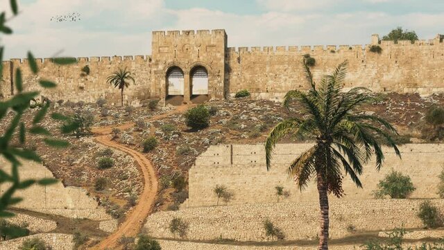 Representation of the old Golden Gate and ancient city of Jerusalem with Second Temple. Israel in the time of Christ.