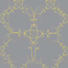 Seamless linear pattern with crossing thin curved lines and scrolls. Yellow abstract texture on grey.  Vector background.