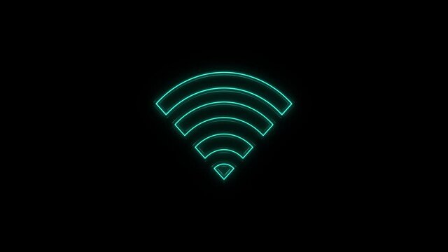 Glowing neon line Wi-Fi wireless internet network symbol icon isolated on black background.