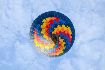 Hot air balloon, seen from below, with blue sky in the background