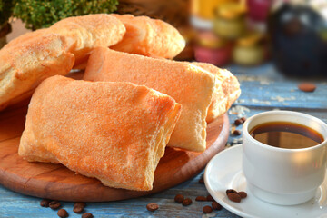 Fresh pastries bakery products, breakfast on wooden table